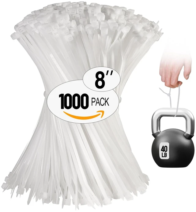 Main image of White Zip Ties 8 Inch 1000 Pack Clear Tensile Strength 40 lbs UV Resistant Industrial Cable Ties Self Locking Zipties Wire Ties Wrap Indoor Outdoor Use for Fence Garage Camping