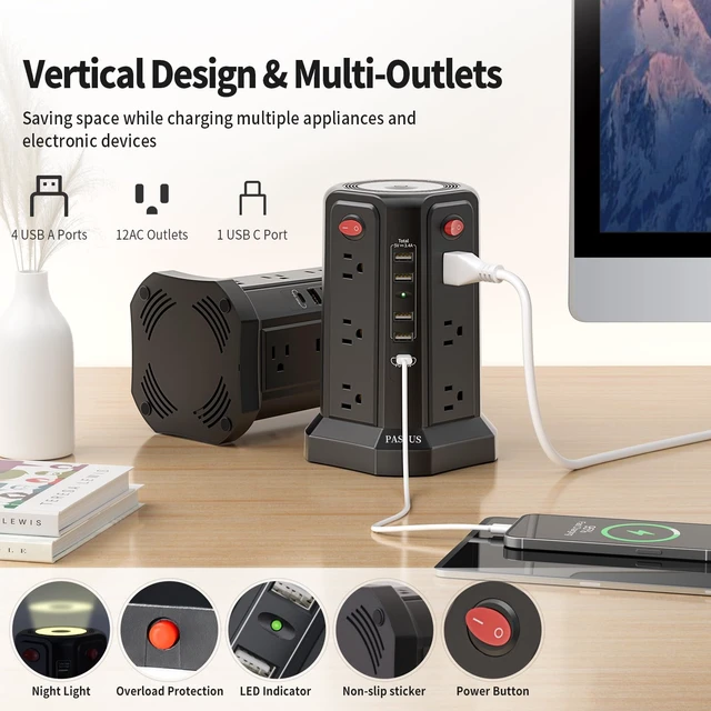 Alt view image 2 of 7 - Surge Protector Power Strip with Night Light 10FT Cord 2nd Generation 10FT Extension Cord with Multiple Outlets for Home Office Dormroom Essentials Black
