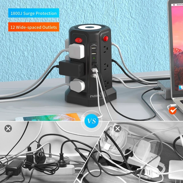 Alt view image 5 of 7 - Surge Protector Power Strip with Night Light 10FT Cord 2nd Generation 10FT Extension Cord with Multiple Outlets for Home Office Dormroom Essentials Black