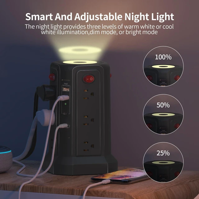 Alt view image 2 of 7 - Surge Protector Power Strip 10 FT Cord, PD 20W USB C Power Tower with Night Light, Extension Cord with Multiple Outlets, Desk Charging Station for Home Office Essentials