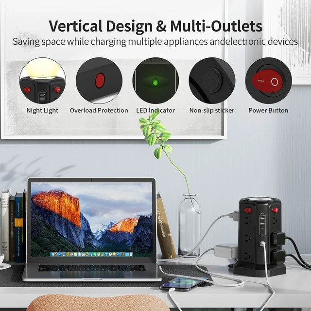 Alt view image 6 of 7 - Surge Protector Power Strip 10 FT Cord, PD 20W USB C Power Tower with Night Light, Extension Cord with Multiple Outlets, Desk Charging Station for Home Office Essentials