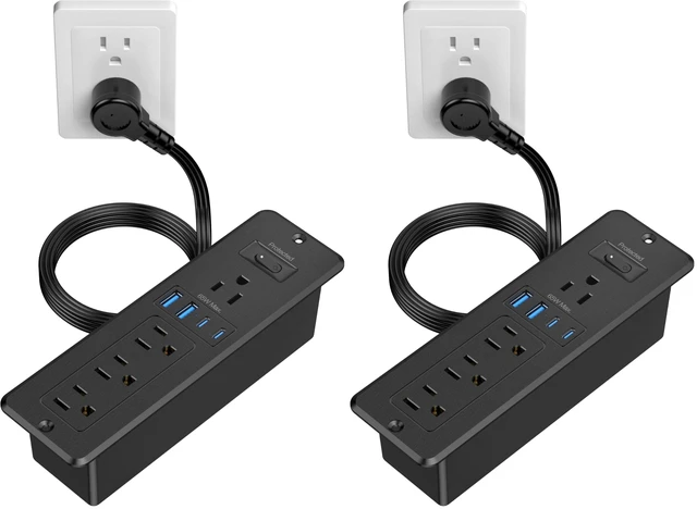 Main image of 65W USB C Recessed Power Strip, Desktop Flush Mount Outlet with 4AC & 2 PD GaN USB C & 2 USB-A Ports, Furniture Hidden Drawer Charging Station for Home Office, 6FT (Pack of 2)
