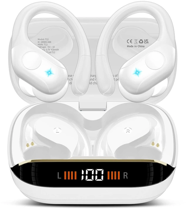 Main image of Wireless Earbuds Bluetooth 5.4 Headphones 75H Stereo Deep Bass Sports Over Ear Buds with Earhooks, LED Display Bluetooth Earbuds with 4 ENC Mic, IP7 Waterproof Earphone for Running, Ivory