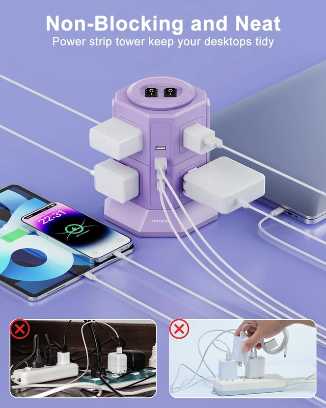 Alt view image 6 of 7 - Flat Plug Power Strip Tower with 8 Outlets 4 USB Ports (2 Type C) Surge Protector Power Strip with 6.5 FT Extension Cord, Flat Plug Outlet Extender with Multiple Outlets for Home Office Dorm