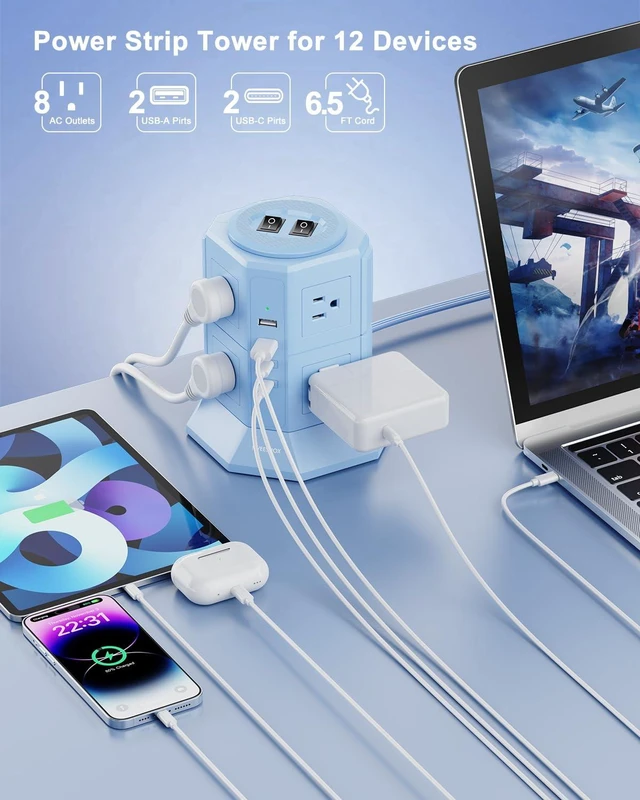 Alt view image 2 of 7 - Surge Protector Power Strip Tower with 8 AC Outlets 4 USB Ports(2 Type C) 6.5 FT Ultra Flat Extension Cord with Multiple Outlets, Charging Station with Surge Protection for Family, Office, Dorm
