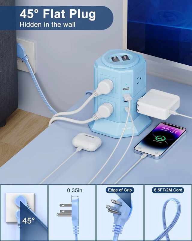 Alt view image 3 of 7 - Surge Protector Power Strip Tower with 8 AC Outlets 4 USB Ports(2 Type C) 6.5 FT Ultra Flat Extension Cord with Multiple Outlets, Charging Station with Surge Protection for Family, Office, Dorm