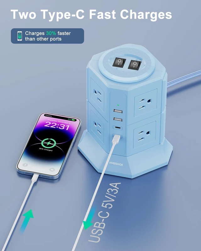 Alt view image 4 of 7 - Surge Protector Power Strip Tower with 8 AC Outlets 4 USB Ports(2 Type C) 6.5 FT Ultra Flat Extension Cord with Multiple Outlets, Charging Station with Surge Protection for Family, Office, Dorm