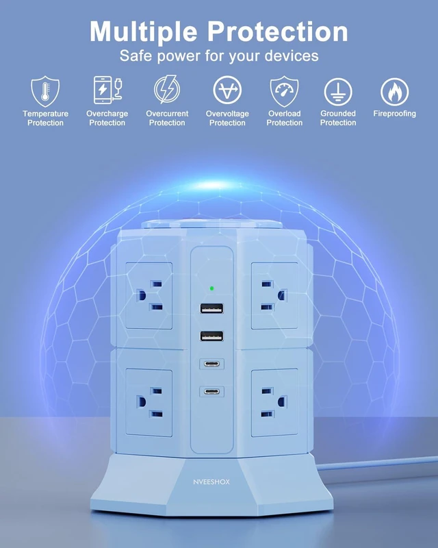 Alt view image 5 of 7 - Surge Protector Power Strip Tower with 8 AC Outlets 4 USB Ports(2 Type C) 6.5 FT Ultra Flat Extension Cord with Multiple Outlets, Charging Station with Surge Protection for Family, Office, Dorm