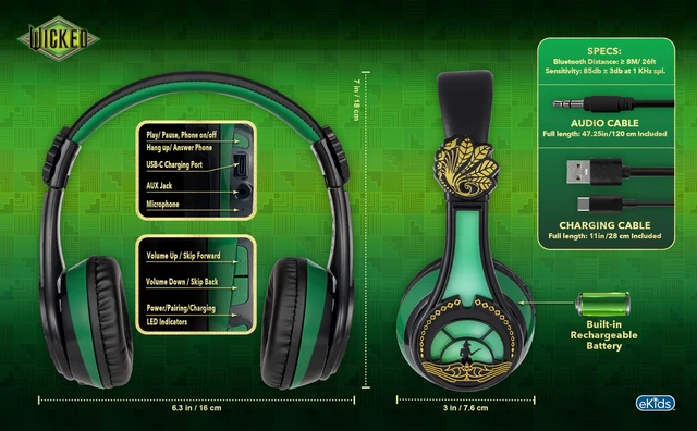 Alt view image 6 of 7 - Wicked Elphaba Bluetooth Headphones for Kids, Wireless Headphones for School, Home, or Travel (Wicked Elphaba)