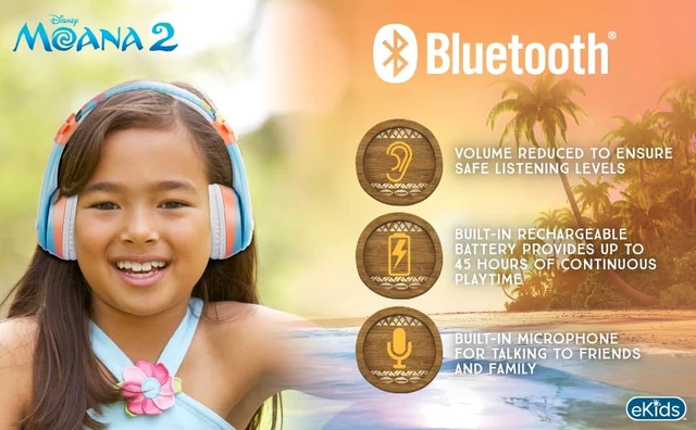 Alt view image 2 of 7 - Disney Moana 2 Bluetooth Headphones for Kids Wireless Headphones for School Volume Reduced and Built-in Microphone