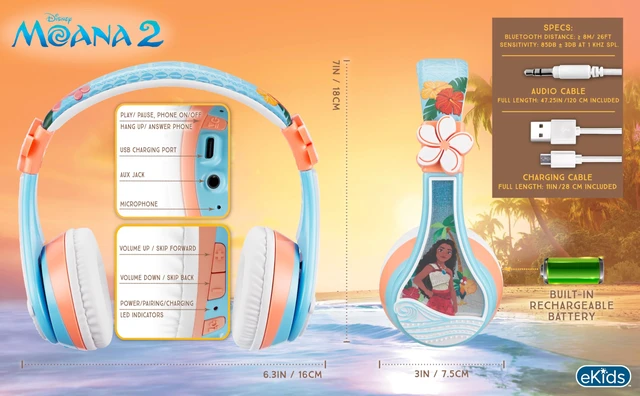 Alt view image 4 of 7 - Disney Moana 2 Bluetooth Headphones for Kids Wireless Headphones for School Volume Reduced and Built-in Microphone