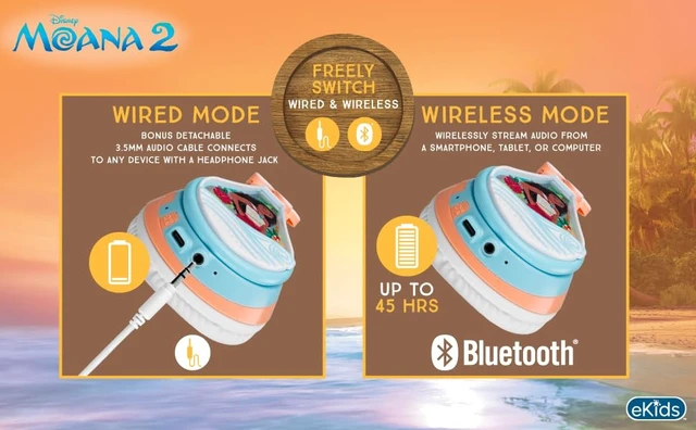 Alt view image 6 of 7 - Disney Moana 2 Bluetooth Headphones for Kids Wireless Headphones for School Volume Reduced and Built-in Microphone