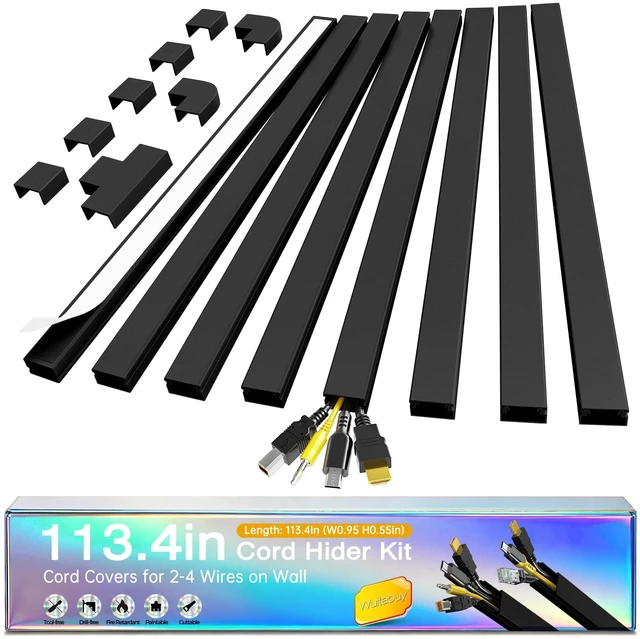 Main image of Cord Hider Kit, 113.4in Cord Covers for 2-4 Wires on Wall, Self-Adhesive Cable Hider Wire Covers for Cords on Wall, Paintable Cable Cover Raceway, Cord Hider for Walls Mount Tv, W0.95 H0.55in, Black