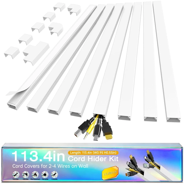 Main image of Cord Hider Kit, 113.4in Cord Covers for 2-4 Wires on Wall, Self-Adhesive Cable Hider Wire Covers for Cords on Wall, Paintable Cable Cover Raceway, Cord Hider for Walls Mount Tv, W0.95 H0.55in, White