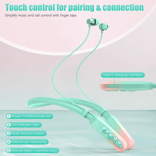 Alt view image 4 of 7 - Neckband Bluetooth Headphones, 200H Extra Long Playtime Wireless Stereo Neckband Earbuds with Microphone, Waterproof Balanced Armature Drivers in Ear Headset for Sports/Workout (Pink Green)