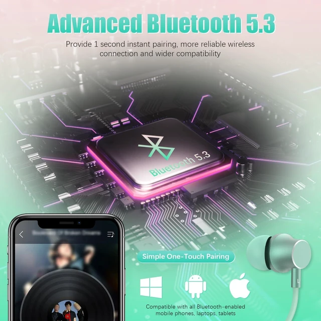 Alt view image 7 of 7 - Neckband Bluetooth Headphones, 200H Extra Long Playtime Wireless Stereo Neckband Earbuds with Microphone, Waterproof Balanced Armature Drivers in Ear Headset for Sports/Workout (Pink Green)