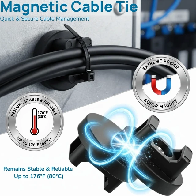 Alt view image 2 of 7 - 225-Pc Magnetic Cable Ties Set,Magnetic Zip Tie Mounts & Cable Ties Magnetic Wire Holder, 25 Magnetic Cable Holders & 200 Zip Ties, Magnet Cable Tie Mounts for Cables, Wires, Cords, Hoses-31 mm