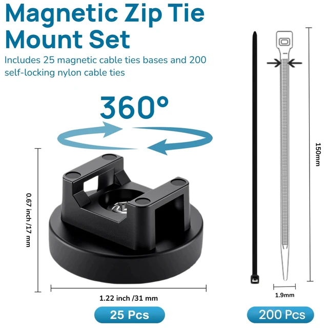 Alt view image 3 of 7 - 225-Pc Magnetic Cable Ties Set,Magnetic Zip Tie Mounts & Cable Ties Magnetic Wire Holder, 25 Magnetic Cable Holders & 200 Zip Ties, Magnet Cable Tie Mounts for Cables, Wires, Cords, Hoses-31 mm