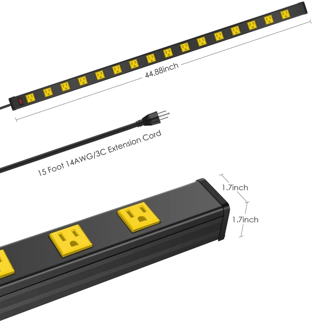 Alt view image 3 of 7 - Long Metal 16 Outlet Wide Spaced Power Strip, Yellow, 15 FT Cord Heavy Duty Wall Mount Outlets for Garage Industrial Workshop, ETL Listed, 15A, 125V, 1875W