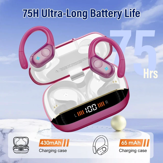 Alt view image 7 of 7 - Bluetooth 5.4 Headphones, 75H Sports Wireless Earbuds Bass Stereo Bluetooth Earbuds with ENC Noise Canceling Mic, Wireless Earphones IP7 Waterproof Over Ear Buds with Earhooks for iOS/Android