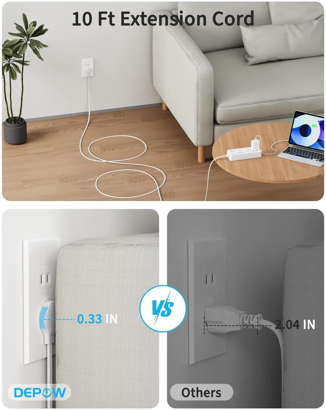 Alt view image 4 of 7 - 2 Prong Power Strip,10FT Extension Cord with 8 Outlet & 4 USB(2 USB-C White, 2 to 3 Prong Outlet Adapter,1700J Two Prong Surge Protector, Wall Mountable, Ideal for Old House Non-Grounded Outlets