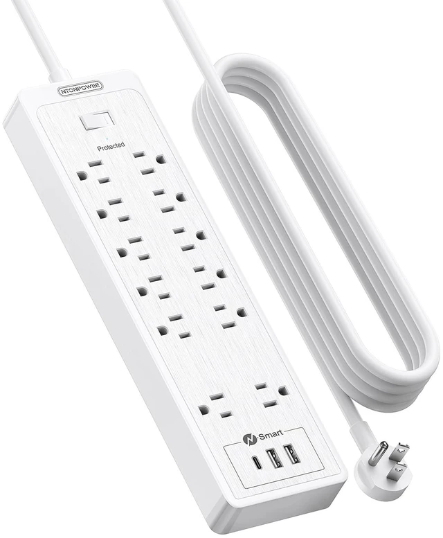 Main image of 15 ft Extension Cord Flat Plug Power Strip, 2100 Joules with 12 Outlet 3 USB Port, 1875W/15A, Overload Protection, Long Cord Wall Mountable for Home Office Accessories, White