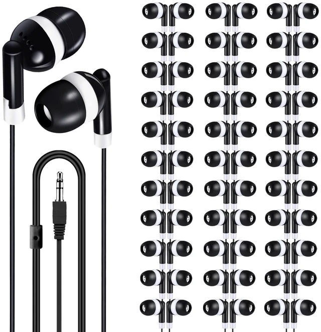 Main image of Bulk Earbuds 200 Pack for Classroom School Kids, Wired in-Ear Headphones with 3.5mm Jack, Black Dot Disposable Class Set Earphones for Students, Individually Bagged (HY01,200 Black)