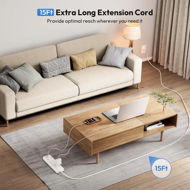 Alt view image 2 of 7 - 15 ft Extension Cord Flat Plug Power Strip, 2100 Joules with 12 Outlet 3 USB Port, 1875W/15A, Overload Protection, Long Cord Wall Mountable for Home Office Accessories, White