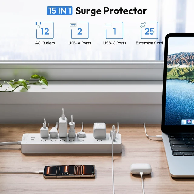 Alt view image 3 of 7 - 15 ft Extension Cord Flat Plug Power Strip, 2100 Joules with 12 Outlet 3 USB Port, 1875W/15A, Overload Protection, Long Cord Wall Mountable for Home Office Accessories, White