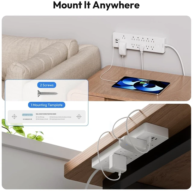 Alt view image 5 of 7 - 15 ft Extension Cord Flat Plug Power Strip, 2100 Joules with 12 Outlet 3 USB Port, 1875W/15A, Overload Protection, Long Cord Wall Mountable for Home Office Accessories, White