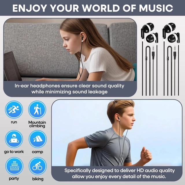 Alt view image 5 of 7 - Bulk Earbuds 200 Pack for Classroom School Kids, Wired in-Ear Headphones with 3.5mm Jack, Black Dot Disposable Class Set Earphones for Students, Individually Bagged (HY01,200 Black)