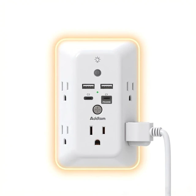 Main image of Surge Protector Outlet Extender, Plug Extension Outlet with Night Light, 5-Outlet Splitter and 4 USB Ports(PD 20W), Multi Plug Wall Outlet for Home Office Dorm Room Essentials