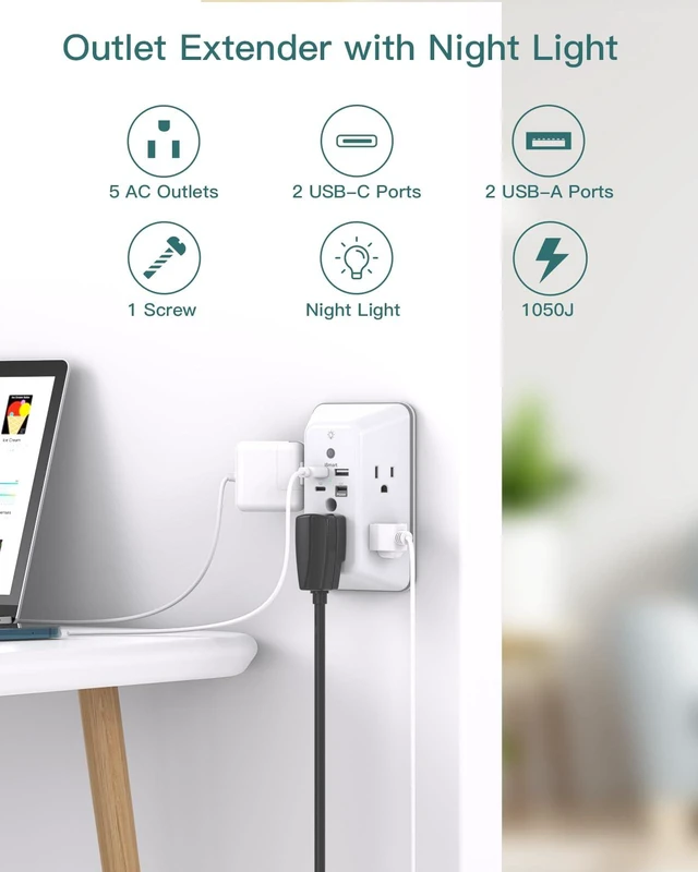 Alt view image 2 of 7 - Surge Protector Outlet Extender, Plug Extension Outlet with Night Light, 5-Outlet Splitter and 4 USB Ports(PD 20W), Multi Plug Wall Outlet for Home Office Dorm Room Essentials