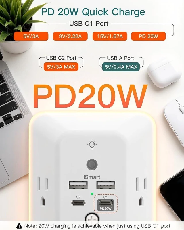 Alt view image 4 of 7 - Surge Protector Outlet Extender, Plug Extension Outlet with Night Light, 5-Outlet Splitter and 4 USB Ports(PD 20W), Multi Plug Wall Outlet for Home Office Dorm Room Essentials