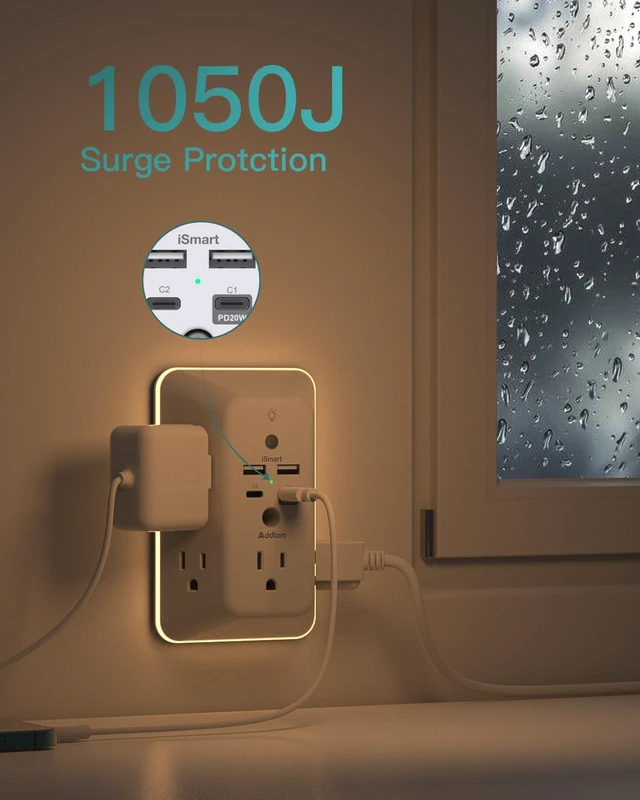 Alt view image 6 of 7 - Surge Protector Outlet Extender, Plug Extension Outlet with Night Light, 5-Outlet Splitter and 4 USB Ports(PD 20W), Multi Plug Wall Outlet for Home Office Dorm Room Essentials