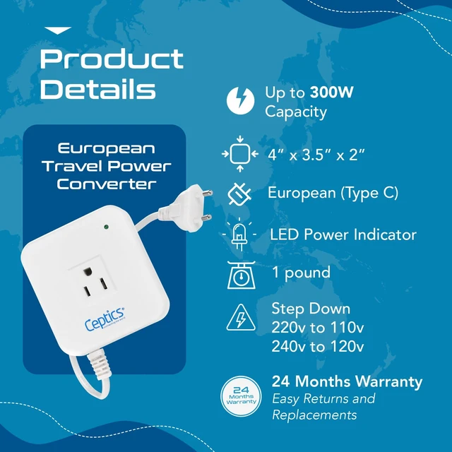 Alt view image 5 of 7 - 300 Watt Step Down Voltage Converter Converts 220V/240V to 110V/120V Perfect for Hair Straighteners, Laptops, and Chargers CE Certified Travel Converter