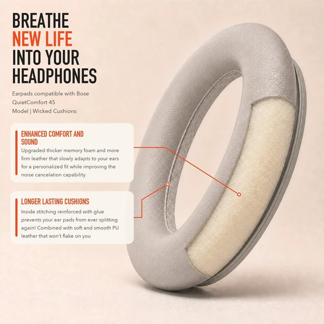 Alt view image 4 of 7 - PadZ QC45 - Earpads for Bose QuietComfort 45, QC SE & QC Wireless Made by Wicked Cushions Extra Thick Cushions, Premium Durable Stitching Sandstone