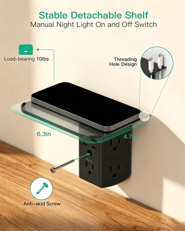 Alt view image 4 of 7 - Outlet Extender with Shelf and Night Light, 1800J Surge Protector 5 Wide Outlet Splitter & 4 USB Ports Wall Charger, Multi Plug Wall Outlet, Plug Adapter for Home, Dorm, RV, Office, Black