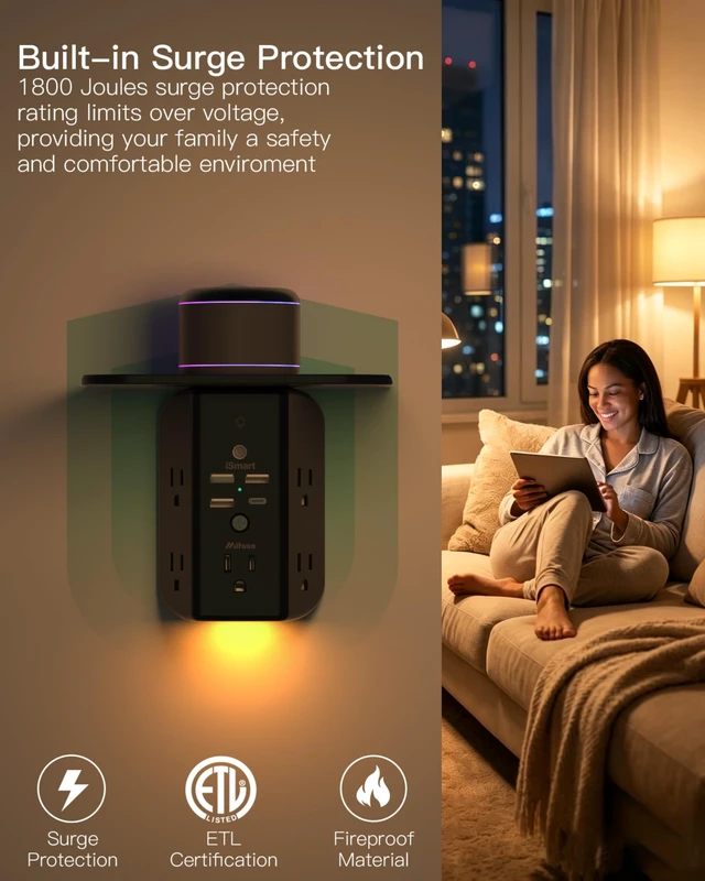 Alt view image 3 of 7 - Outlet Extender with Shelf and Night Light, 1800J Surge Protector 5 Wide Outlet Splitter & 4 USB Ports Wall Charger, Multi Plug Wall Outlet, Plug Adapter for Home, Dorm, RV, Office, Black
