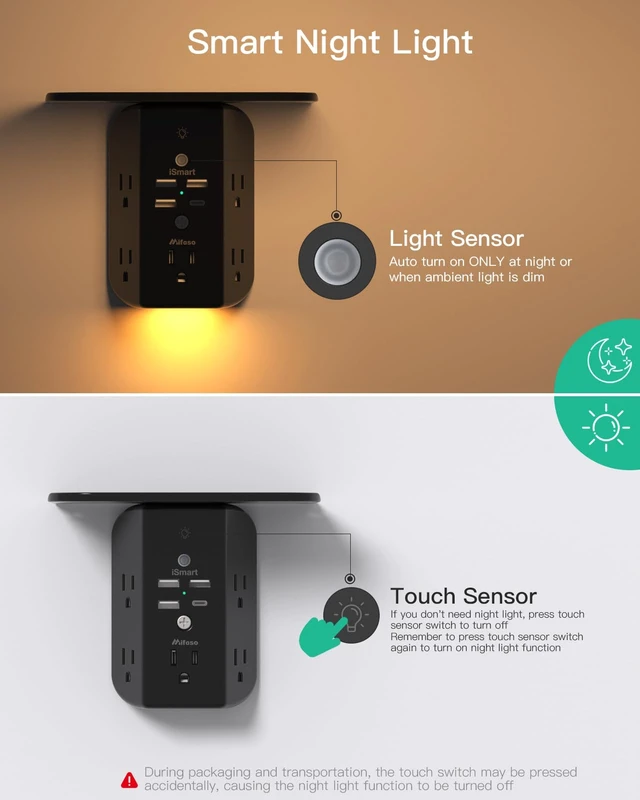 Alt view image 6 of 7 - Outlet Extender with Shelf and Night Light, 1800J Surge Protector 5 Wide Outlet Splitter & 4 USB Ports Wall Charger, Multi Plug Wall Outlet, Plug Adapter for Home, Dorm, RV, Office, Black
