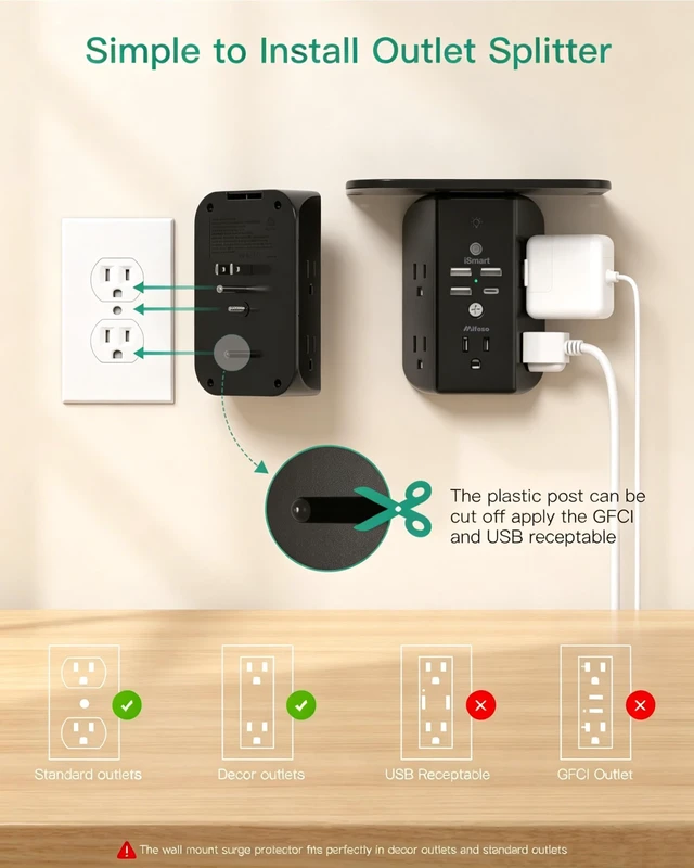 Alt view image 5 of 7 - Outlet Extender with Shelf and Night Light, 1800J Surge Protector 5 Wide Outlet Splitter & 4 USB Ports Wall Charger, Multi Plug Wall Outlet, Plug Adapter for Home, Dorm, RV, Office, Black
