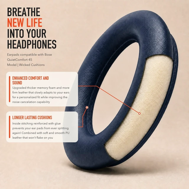 Alt view image 4 of 7 - PadZ QC45 - Earpads for Bose QuietComfort 45, QC SE & QC Wireless Made by Wicked Cushions Extra Thick Cushions, Premium Durable Stitching Midnight Blue