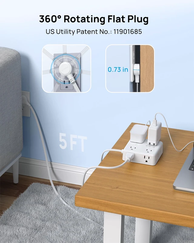 Alt view image 2 of 7 - 360° Rotating Flat Plug Power Strip 5ft, 8 AC & 4 USB (3C1U), White Flat Extension Cord 1625W, 1700J Surge Protector with USB Ports, Wall Mountable, for Home Office Dorm Room Essentials