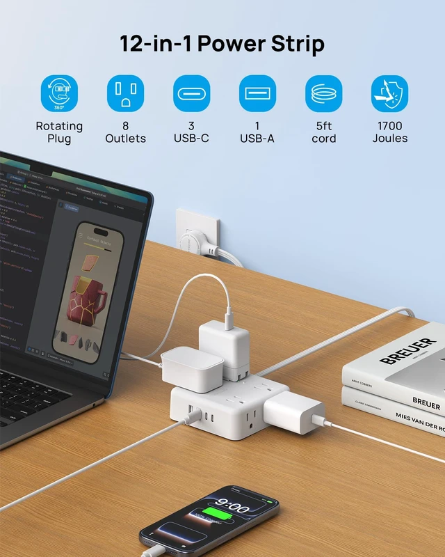 Alt view image 3 of 7 - 360° Rotating Flat Plug Power Strip 5ft, 8 AC & 4 USB (3C1U), White Flat Extension Cord 1625W, 1700J Surge Protector with USB Ports, Wall Mountable, for Home Office Dorm Room Essentials