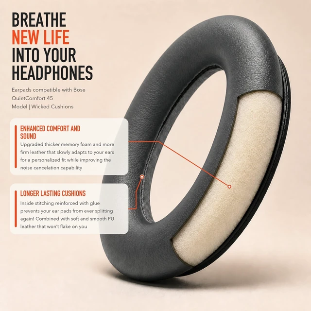 Alt view image 4 of 7 - PadZ QC45 - Earpads for Bose QuietComfort 45, QC SE & QC Wireless Made by Wicked Cushions Extra Thick Cushions, Premium Durable Stitching Eclipse Grey