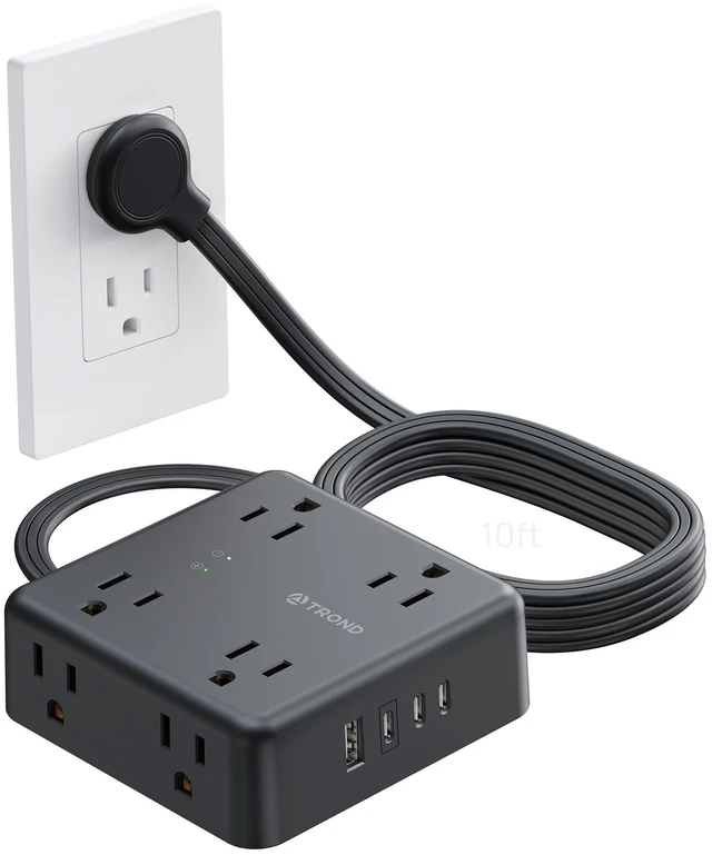 Main image of Surge Protector Power Strip, 10FT Flat Plug Extension Cord, Black 8 Outlets & 4 USB Ports(3 USB C), 1625W, 1440J, Wall Mount Outlet Extender for Home Office Dorm Room Essentials