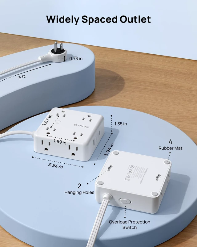 Alt view image 7 of 7 - 360° Rotating Flat Plug Power Strip 5ft, 8 AC & 4 USB (3C1U), White Flat Extension Cord 1625W, 1700J Surge Protector with USB Ports, Wall Mountable, for Home Office Dorm Room Essentials
