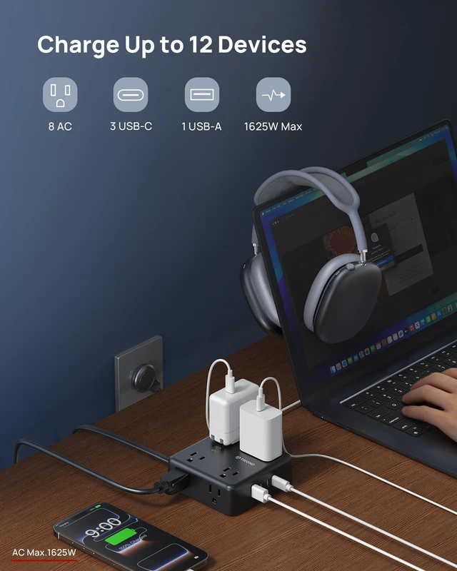 Alt view image 2 of 7 - Surge Protector Power Strip, 10FT Flat Plug Extension Cord, Black 8 Outlets & 4 USB Ports(3 USB C), 1625W, 1440J, Wall Mount Outlet Extender for Home Office Dorm Room Essentials
