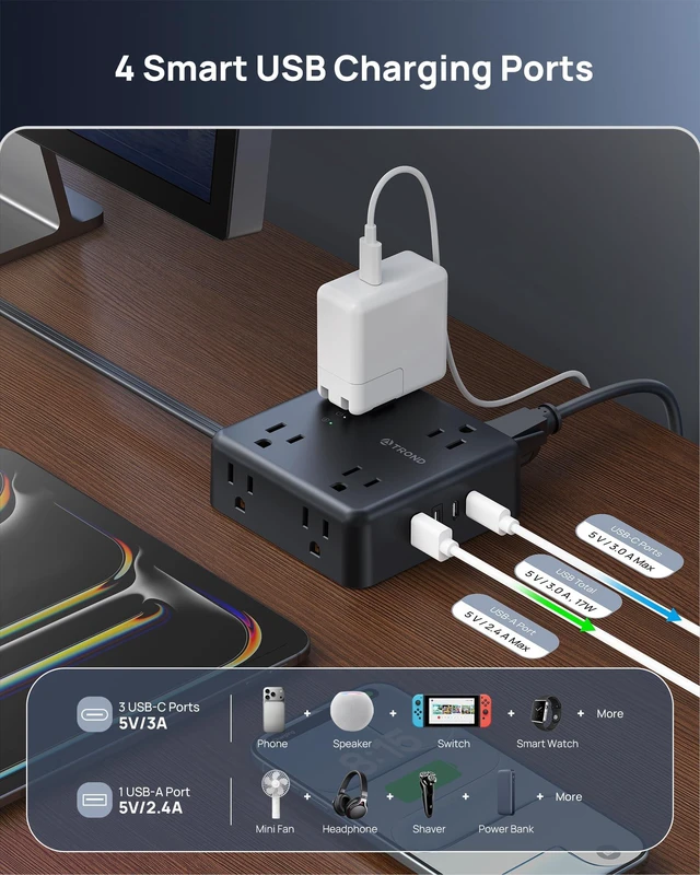 Alt view image 3 of 7 - Surge Protector Power Strip, 10FT Flat Plug Extension Cord, Black 8 Outlets & 4 USB Ports(3 USB C), 1625W, 1440J, Wall Mount Outlet Extender for Home Office Dorm Room Essentials