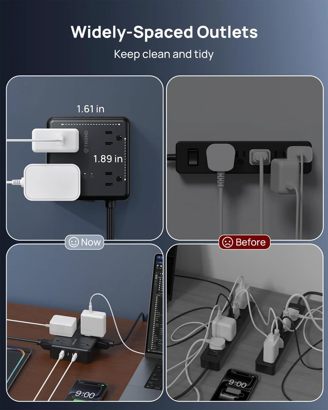 Alt view image 5 of 7 - Surge Protector Power Strip, 10FT Flat Plug Extension Cord, Black 8 Outlets & 4 USB Ports(3 USB C), 1625W, 1440J, Wall Mount Outlet Extender for Home Office Dorm Room Essentials